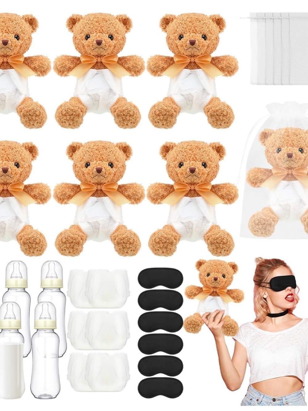 Plush Teddy Baby Shower Game Prizes - Light Brown Teddy with Orange Bow (Pack)